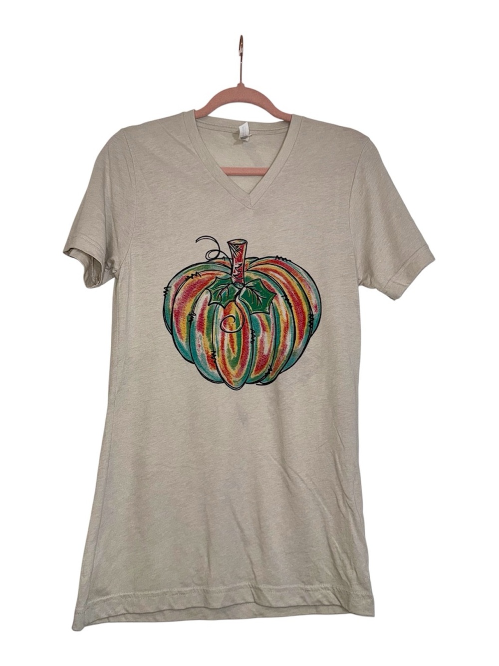 Beige V-Neck Tee with Watercolor Colorful Pumpkin Graphic, Size Small, EUC!